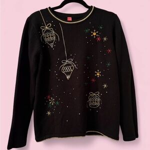 Black Holiday Sweater Embroidered Ornaments Beaded Festive Christmas Top | Sz M